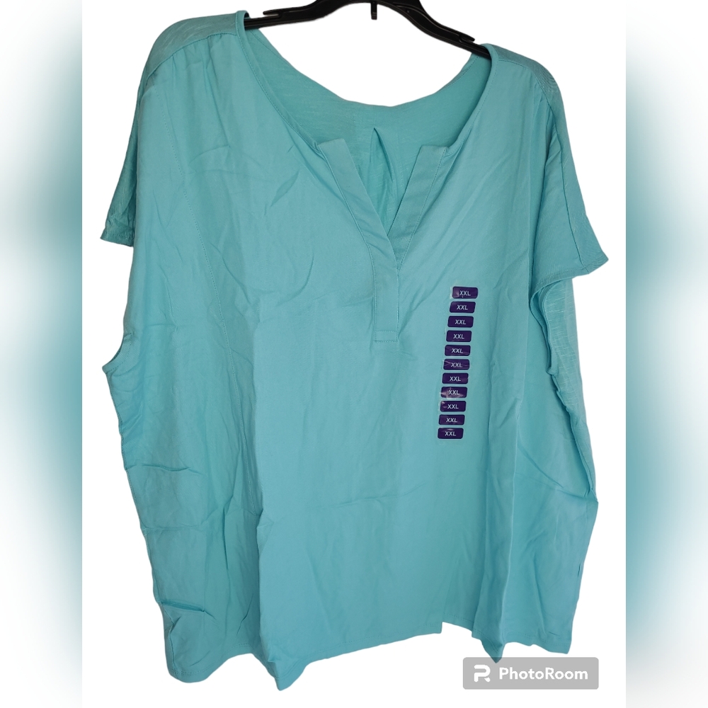 Nine West Women's Short Cap Sleeve V-Neck Fashion Top Angel Blue Scrub XX-Large